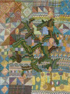 Off Grid, 2025, acrylic on burlap on panel, 24 x 18 inches